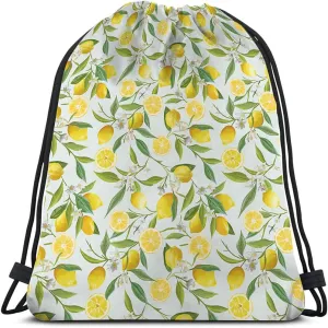 Lemon Drawstring Bags Summer Lemon Fruits Tree Branches Leaves White Little Flower Yellow Green Sport Gym Sack Drawstring Backpack for Men Women