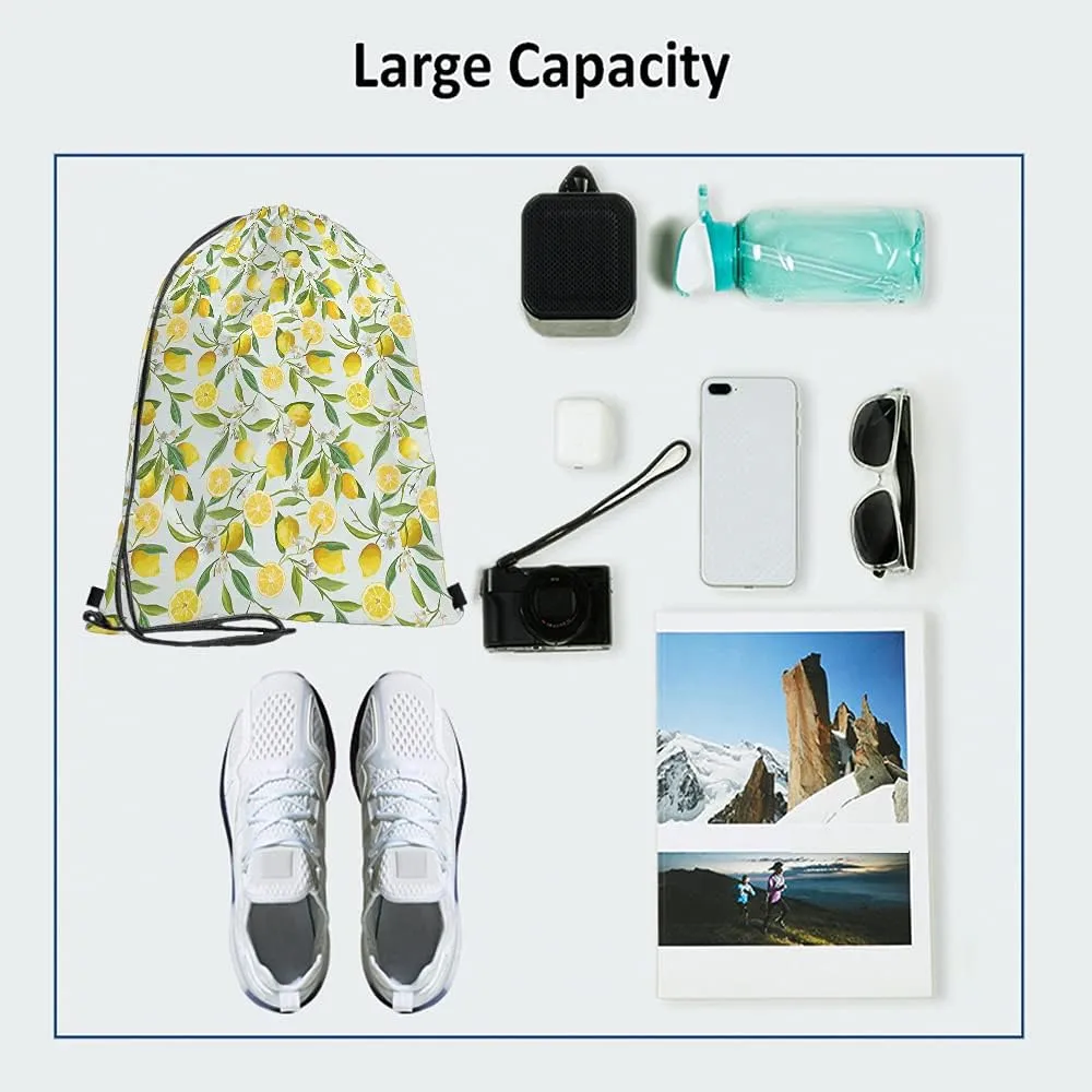 Lemon Drawstring Bags Summer Lemon Fruits Tree Branches Leaves White Little Flower Yellow Green Sport Gym Sack Drawstring Backpack for Men Women