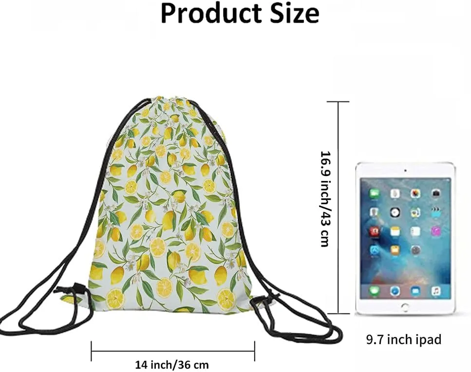 Lemon Drawstring Bags Summer Lemon Fruits Tree Branches Leaves White Little Flower Yellow Green Sport Gym Sack Drawstring Backpack for Men Women