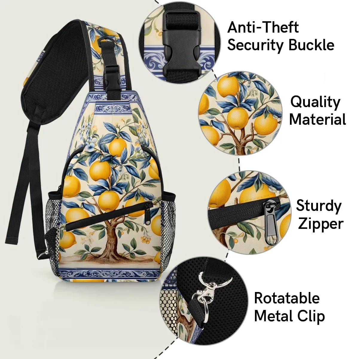 Lemon Fruit Tree Sling Bag for Women Men, Waterproof Crossbody Sling Backpack Travel Outdoor Sports Chest Bag