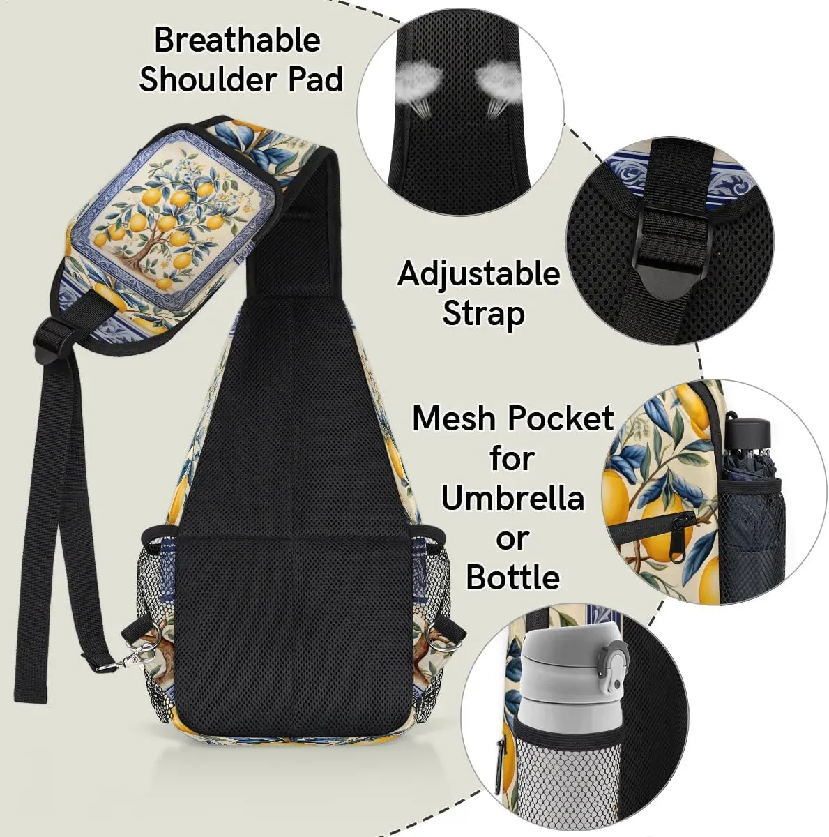 Lemon Fruit Tree Sling Bag for Women Men, Waterproof Crossbody Sling Backpack Travel Outdoor Sports Chest Bag