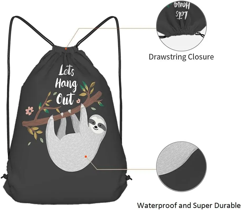 Let's Hang Out Drawstring Bags Backpack Bag Letter Quote Cartoon Animal Cute Sloth Branch Pink Flower Happy Sport Gym Sack Drawstring Bag String Bag Yoga Bag for Men Women