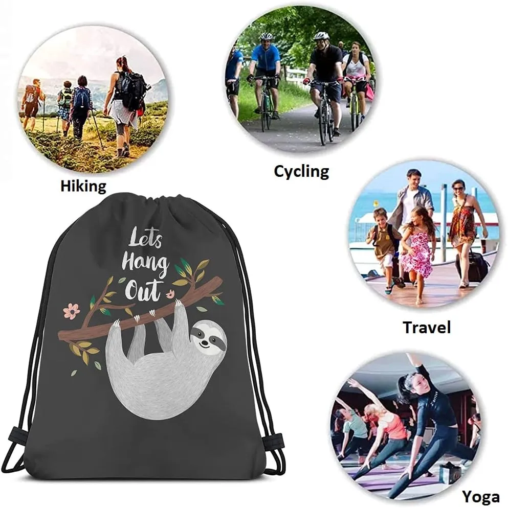 Let's Hang Out Drawstring Bags Backpack Bag Letter Quote Cartoon Animal Cute Sloth Branch Pink Flower Happy Sport Gym Sack Drawstring Bag String Bag Yoga Bag for Men Women