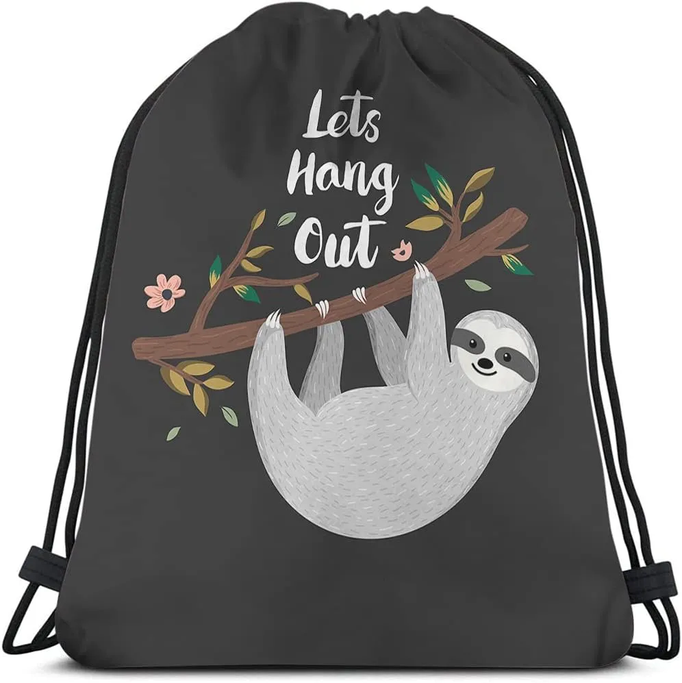 Let's Hang Out Drawstring Bags Backpack Bag Letter Quote Cartoon Animal Cute Sloth Branch Pink Flower Happy Sport Gym Sack Drawstring Bag String Bag Yoga Bag for Men Women