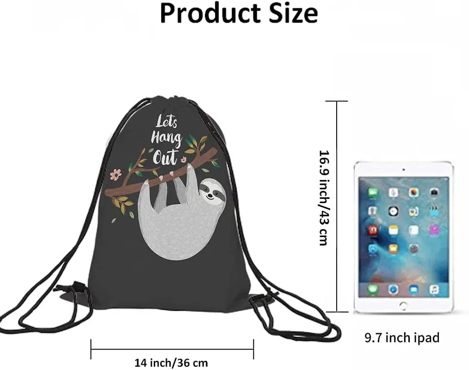 Let's Hang Out Drawstring Bags Backpack Bag Letter Quote Cartoon Animal Cute Sloth Branch Pink Flower Happy Sport Gym Sack Drawstring Bag String Bag Yoga Bag for Men Women