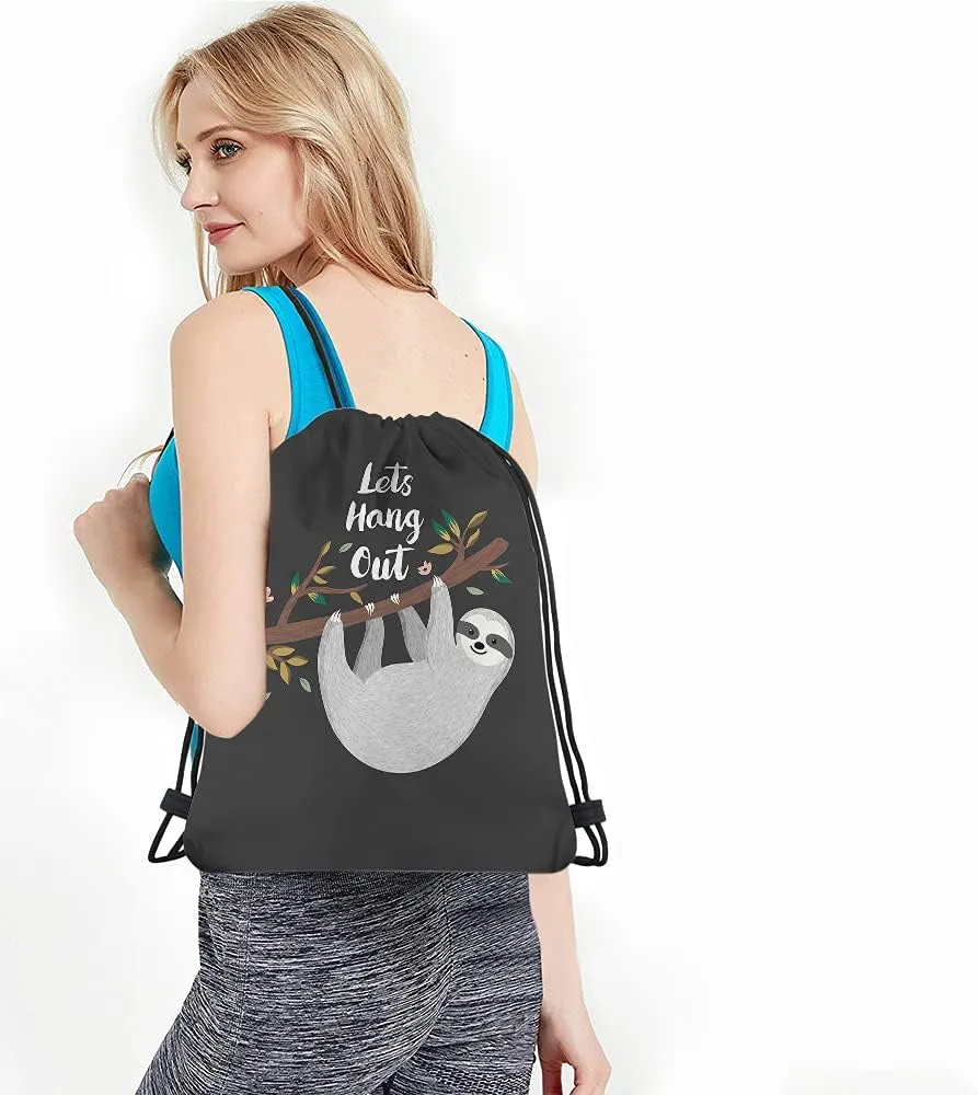 Let's Hang Out Drawstring Bags Backpack Bag Letter Quote Cartoon Animal Cute Sloth Branch Pink Flower Happy Sport Gym Sack Drawstring Bag String Bag Yoga Bag for Men Women