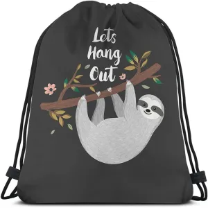 Let's Hang Out Drawstring Bags Backpack Bag Letter Quote Cartoon Animal Cute Sloth Branch Pink Flower Happy Sport Gym Sack Drawstring Bag String Bag Yoga Bag for Men Women