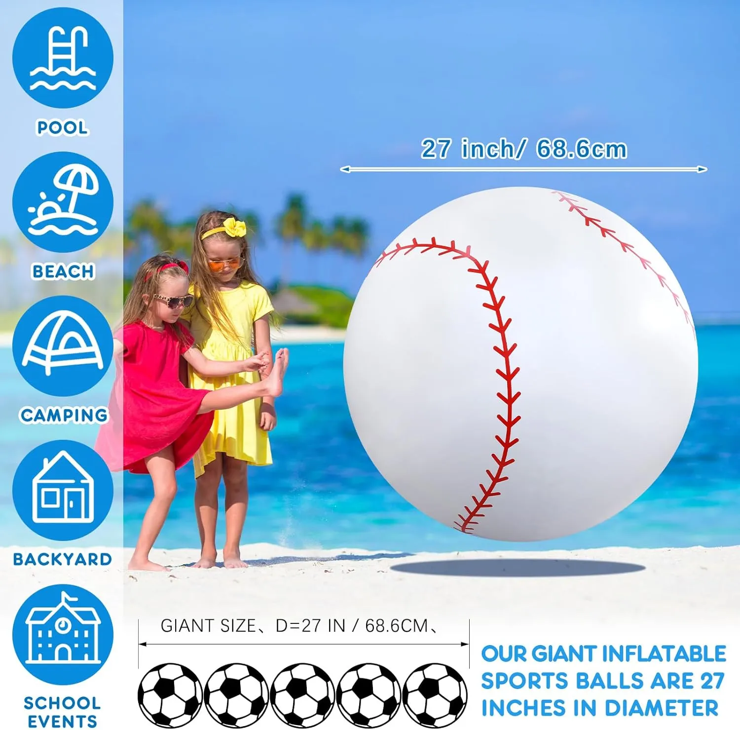Lewtemi 3 Pcs 27 Inch / 40 Inch Giant Inflatable Sports Balls Large Inflatable Beach Ball Inflatable Baseballs Soccer Ball Basketball for Sports Themed Birthday Party Favor(27 Inch)