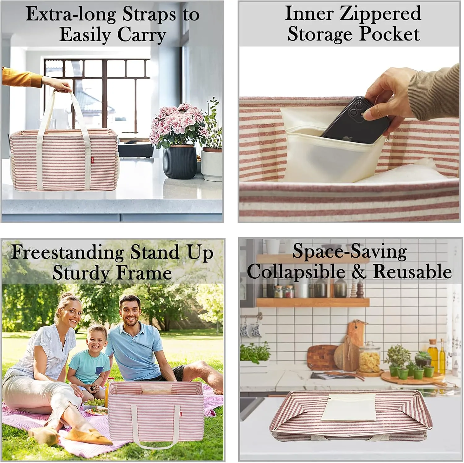 LHZK Standing Extra Large Utility Tote Bag with Metal Wire Frame and the Sides Rinforced, Extra Large Tote Bag with Handle, Reusable Grocery Bags Foldable, Beach Bag, Car Tote (Pink)