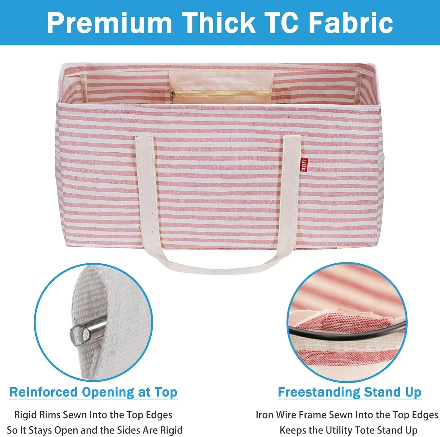 LHZK Standing Extra Large Utility Tote Bag with Metal Wire Frame and the Sides Rinforced, Extra Large Tote Bag with Handle, Reusable Grocery Bags Foldable, Beach Bag, Car Tote (Pink)