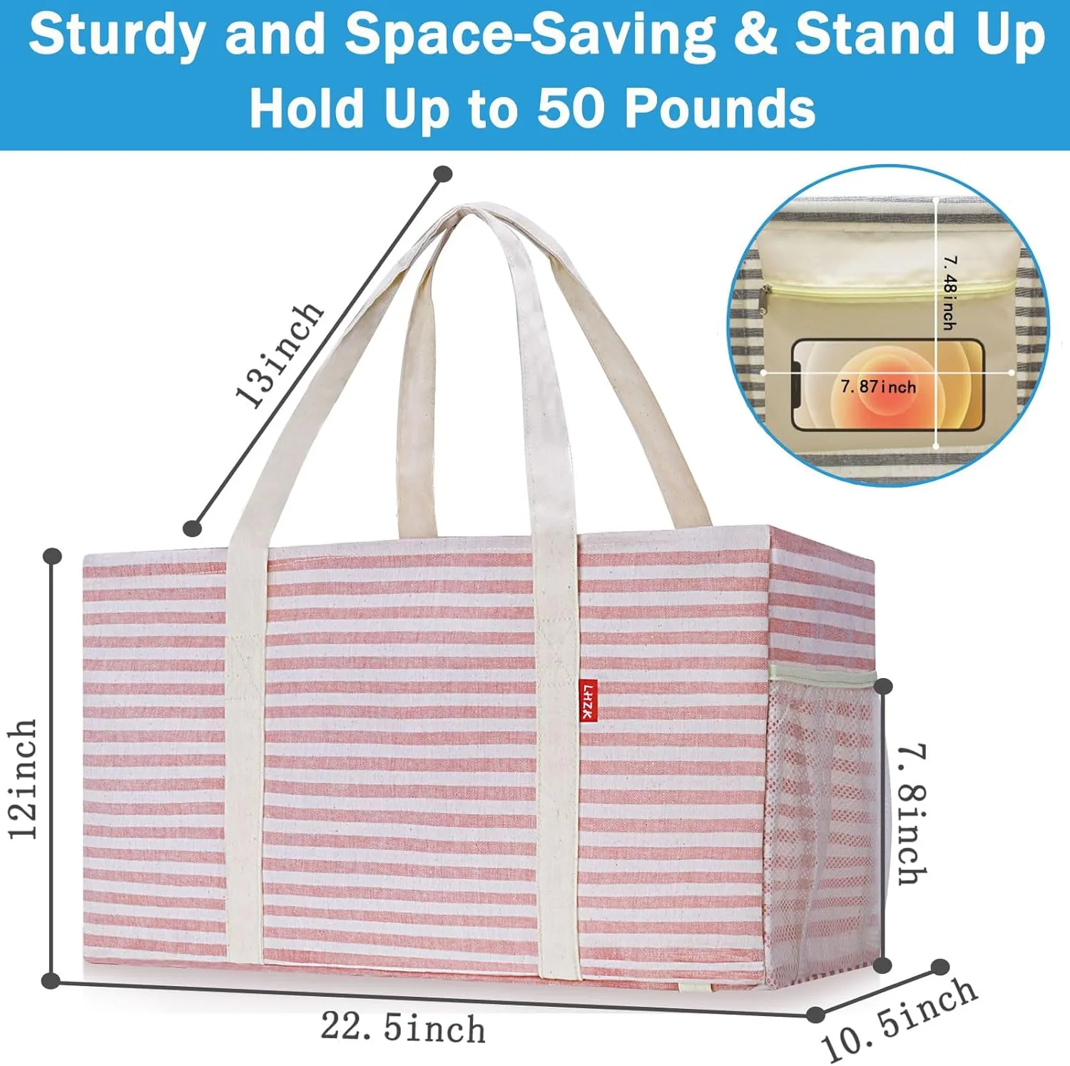 LHZK Standing Extra Large Utility Tote Bag with Metal Wire Frame and the Sides Rinforced, Extra Large Tote Bag with Handle, Reusable Grocery Bags Foldable, Beach Bag, Car Tote (Pink)