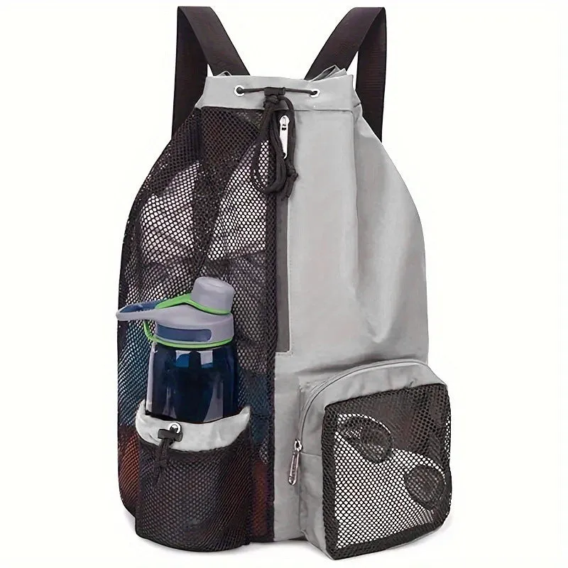 Light Grey Mesh Drawstring Swim Backpack with Wet Bag - Durable Beach Gym Bag for Wet Gear