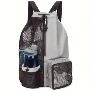 Light Grey Mesh Drawstring Swim Backpack with Wet Bag - Durable Beach Gym Bag for Wet Gear