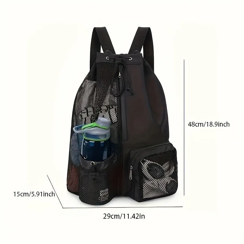 Light Grey Mesh Drawstring Swim Backpack with Wet Bag - Durable Beach Gym Bag for Wet Gear