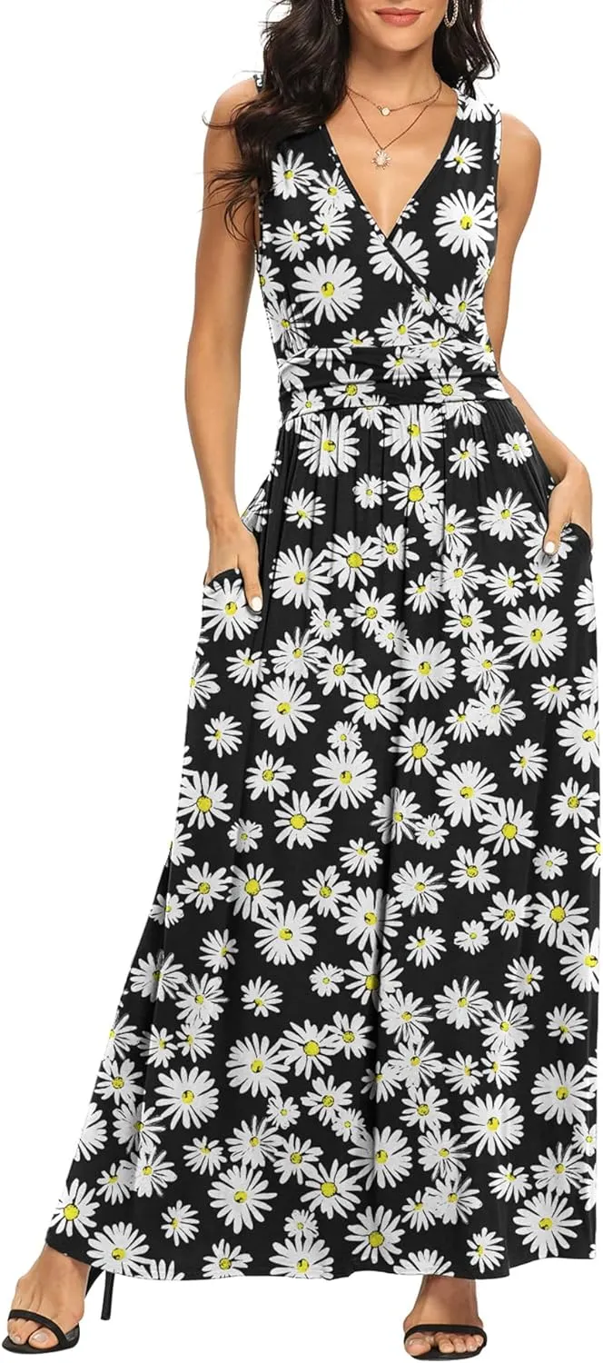 LILBETTER Women Sleeveless Deep V Neck Loose Plain Long Maxi Casual Dress