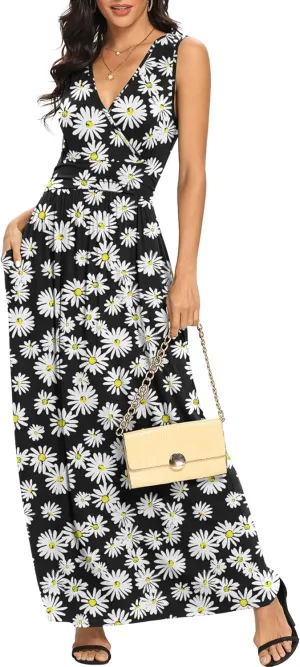 LILBETTER Women Sleeveless Deep V Neck Loose Plain Long Maxi Casual Dress