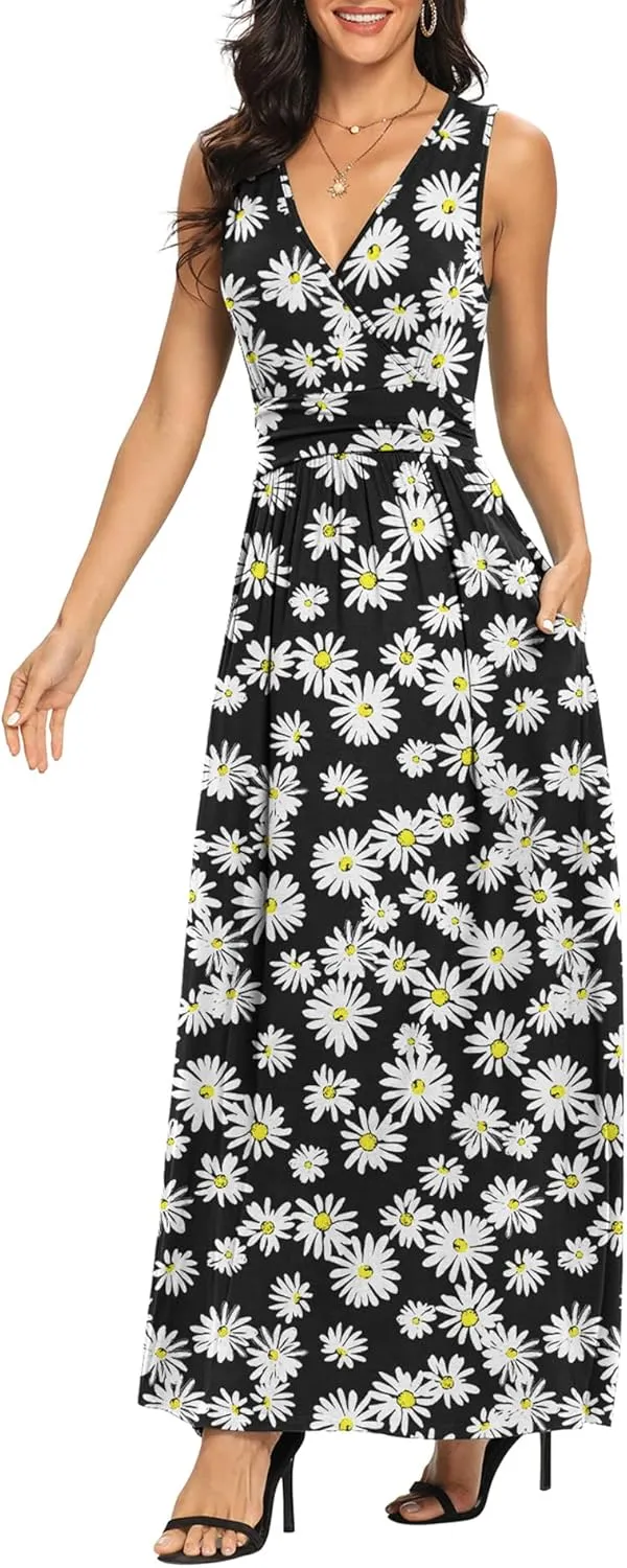 LILBETTER Women Sleeveless Deep V Neck Loose Plain Long Maxi Casual Dress