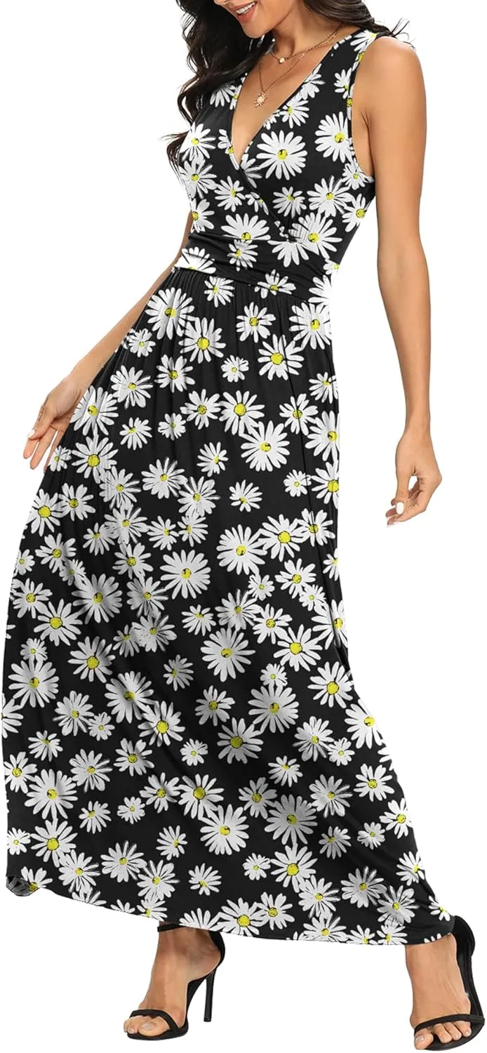 LILBETTER Women Sleeveless Deep V Neck Loose Plain Long Maxi Casual Dress
