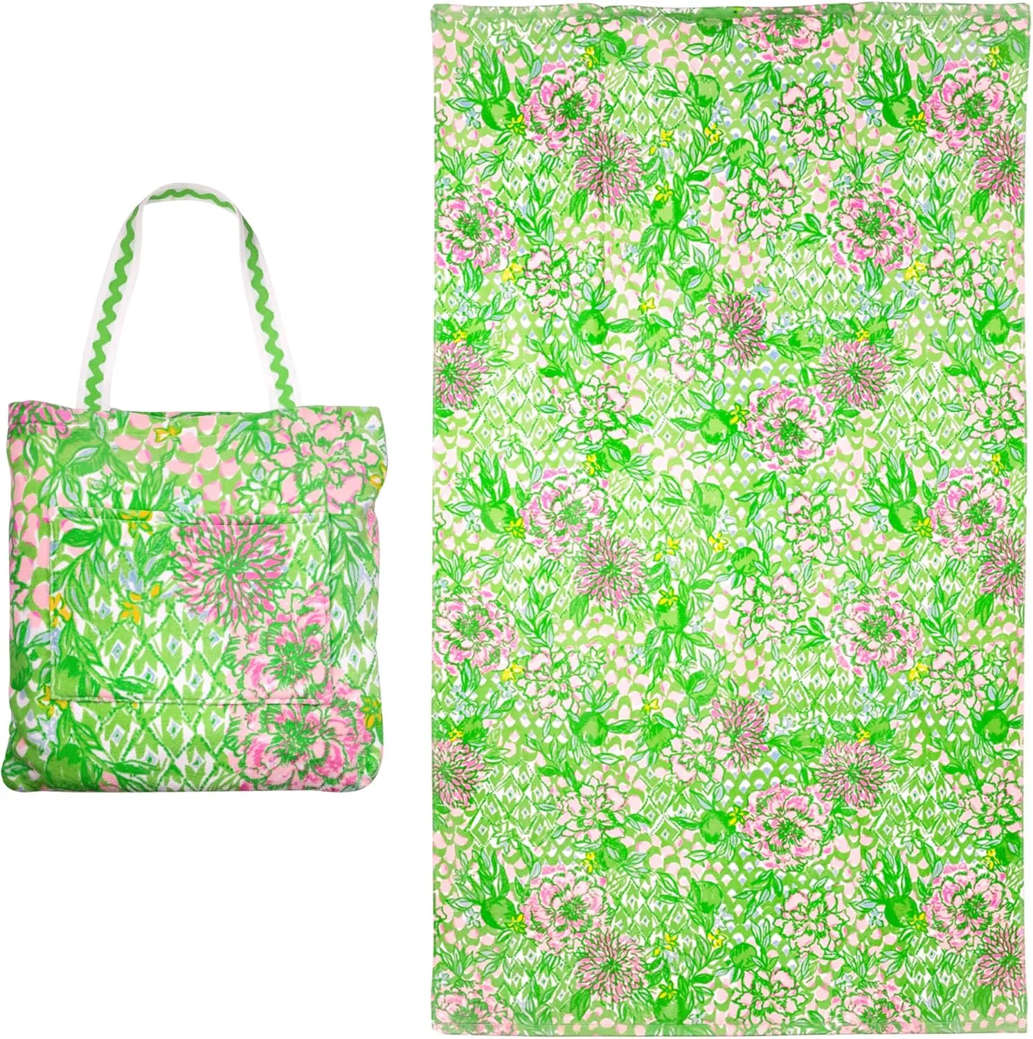 Lilly Pulitzer Towel Tote Bag, Travel Beach Towel with Cotton Tote Bag and Sturdy Straps, 40 x 70, Lime Feeling Good