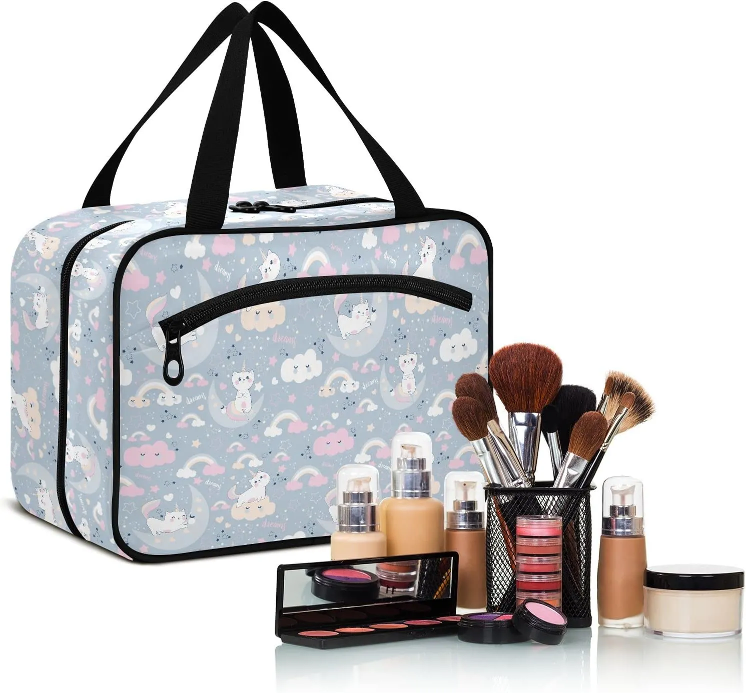 linqin Toiletry Bag for Travel, Cute Cat Uicorn Clouds Moon Makeup Bag Large Cosmetic Bag Organizer with Hanging Hook for Women Men
