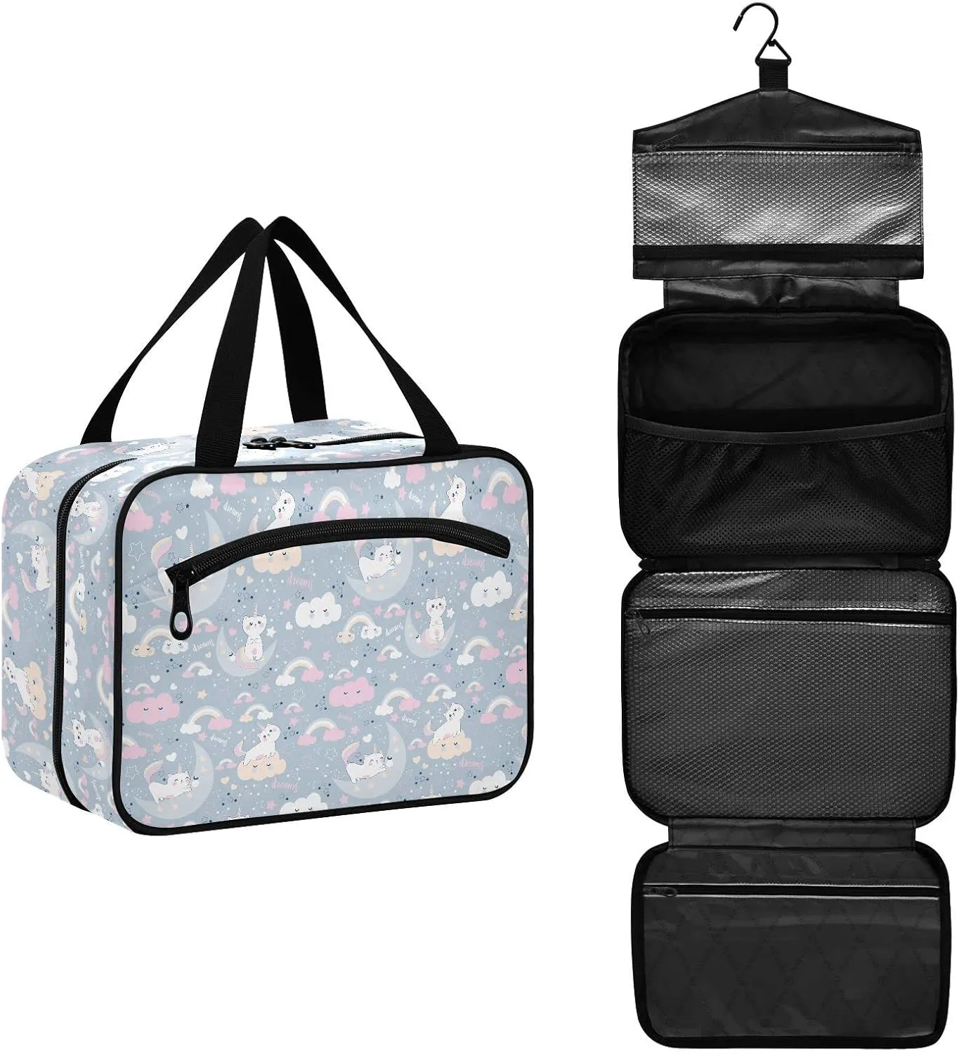 linqin Toiletry Bag for Travel, Cute Cat Uicorn Clouds Moon Makeup Bag Large Cosmetic Bag Organizer with Hanging Hook for Women Men
