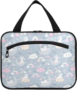 linqin Toiletry Bag for Travel, Cute Cat Uicorn Clouds Moon Makeup Bag Large Cosmetic Bag Organizer with Hanging Hook for Women Men
