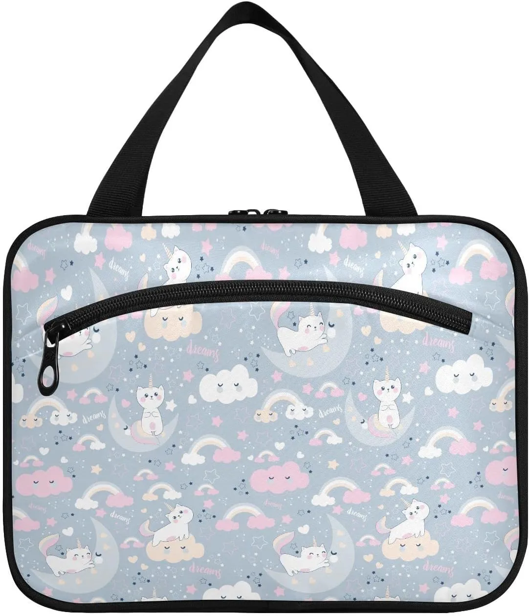 linqin Toiletry Bag for Travel, Cute Cat Uicorn Clouds Moon Makeup Bag Large Cosmetic Bag Organizer with Hanging Hook for Women Men