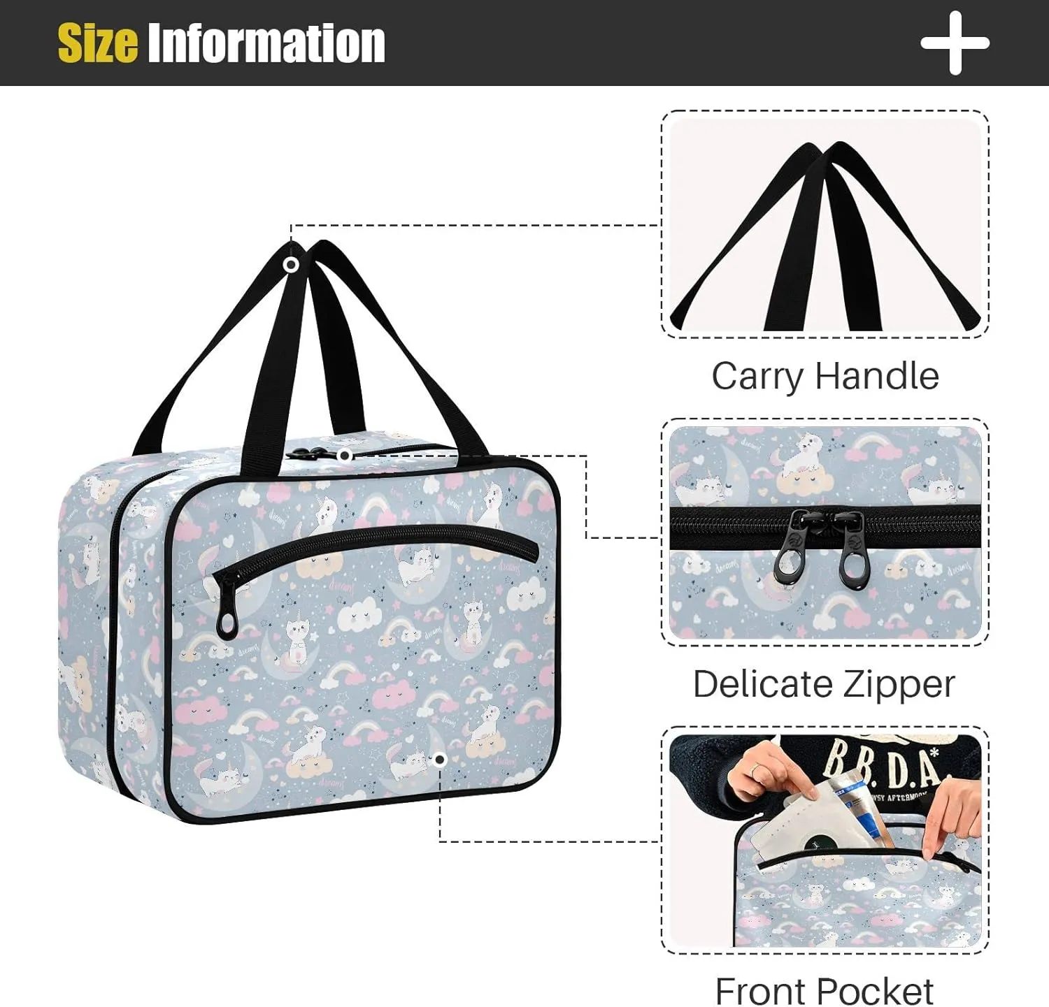linqin Toiletry Bag for Travel, Cute Cat Uicorn Clouds Moon Makeup Bag Large Cosmetic Bag Organizer with Hanging Hook for Women Men
