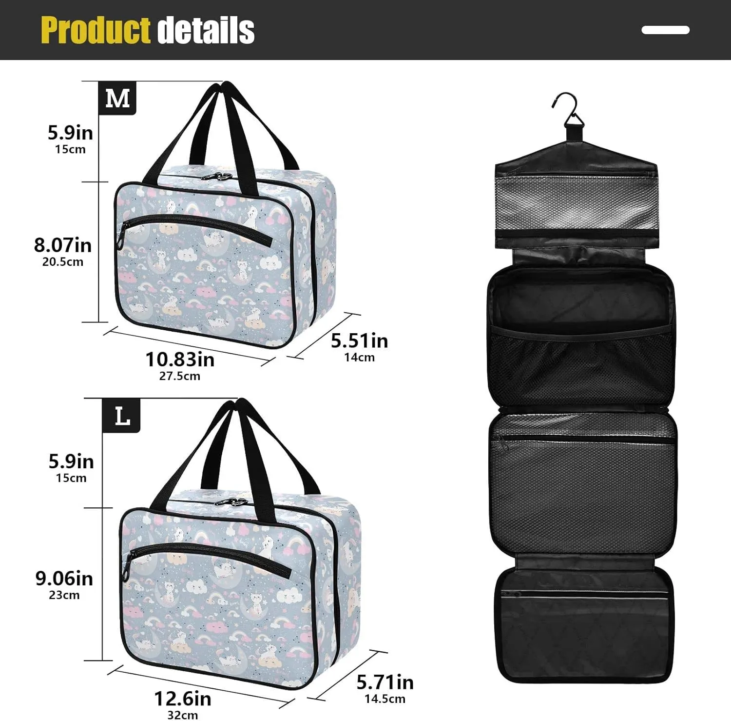 linqin Toiletry Bag for Travel, Cute Cat Uicorn Clouds Moon Makeup Bag Large Cosmetic Bag Organizer with Hanging Hook for Women Men