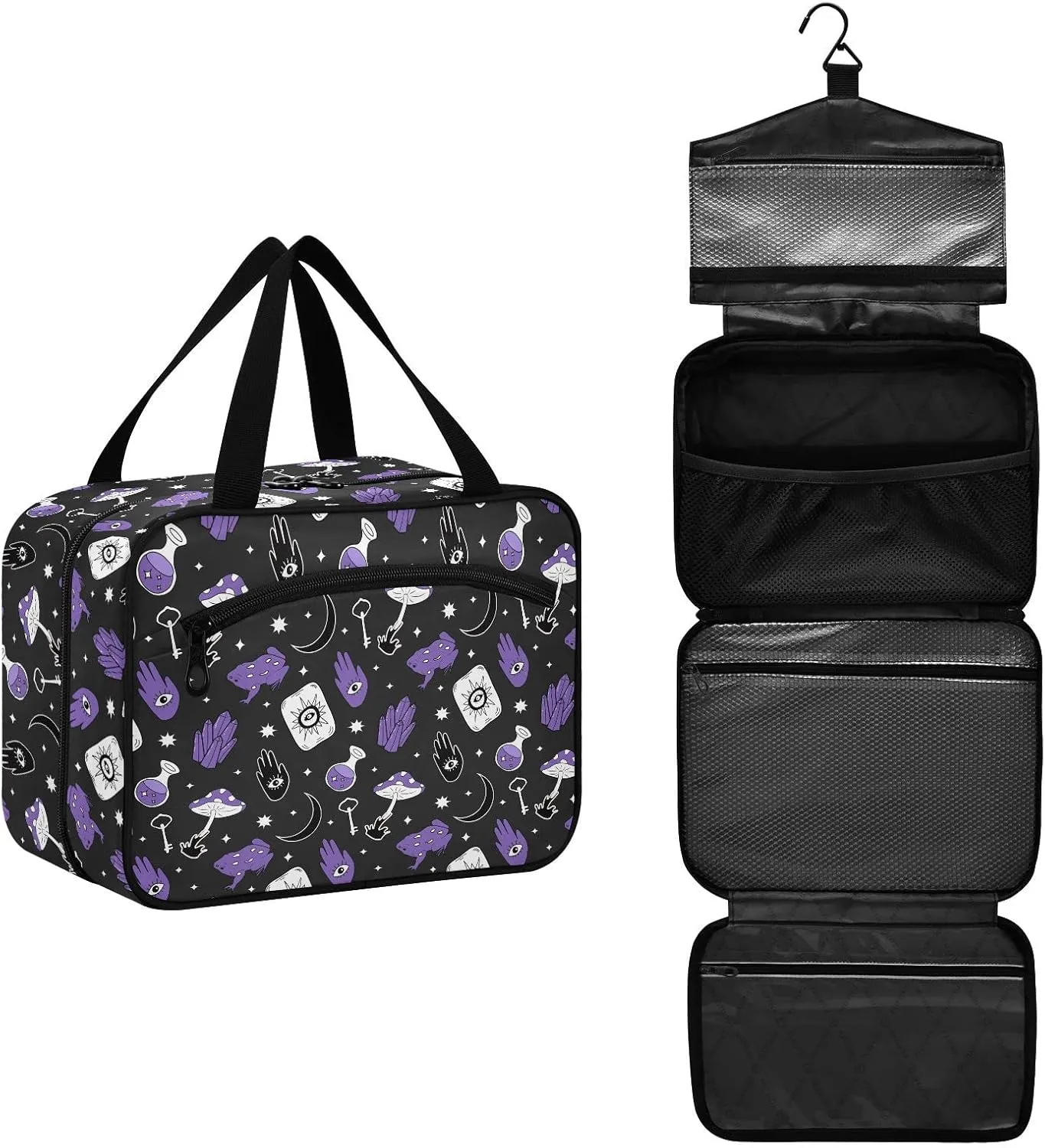 linqin Toiletry Bag for Travel, Frog and Mushroom Magic Evil Eyes Makeup Bag Large Cosmetic Bag Organizer with Hanging Hook for Women Men