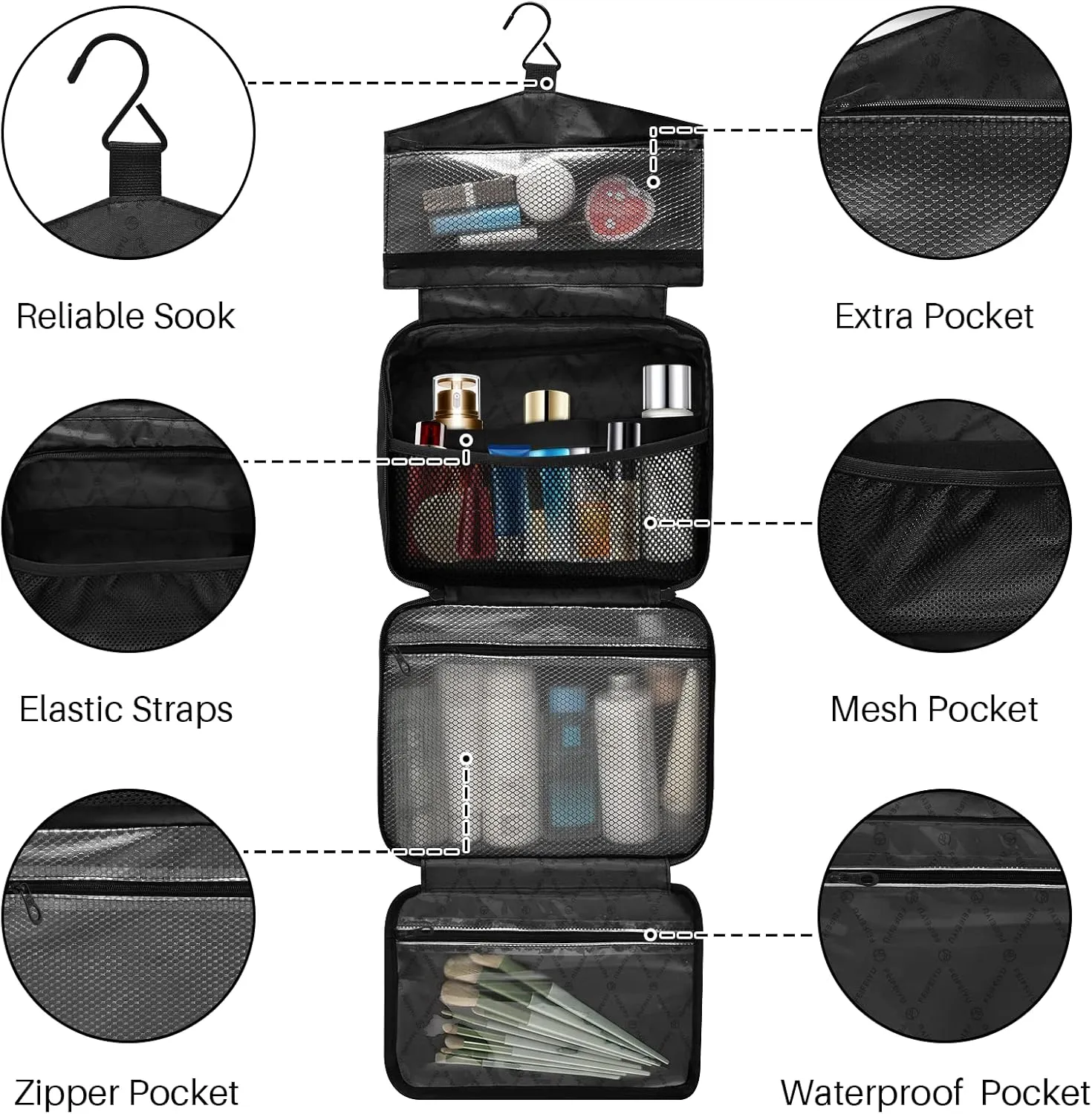 linqin Toiletry Bag for Travel, Frog and Mushroom Magic Evil Eyes Makeup Bag Large Cosmetic Bag Organizer with Hanging Hook for Women Men