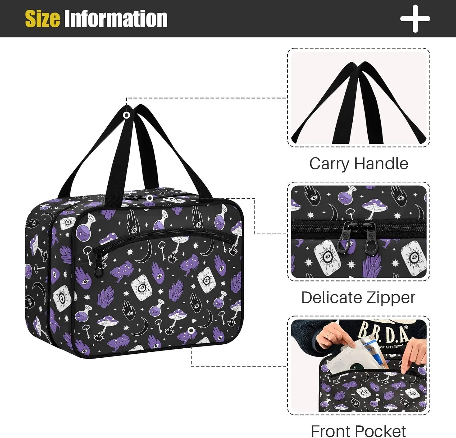 linqin Toiletry Bag for Travel, Frog and Mushroom Magic Evil Eyes Makeup Bag Large Cosmetic Bag Organizer with Hanging Hook for Women Men