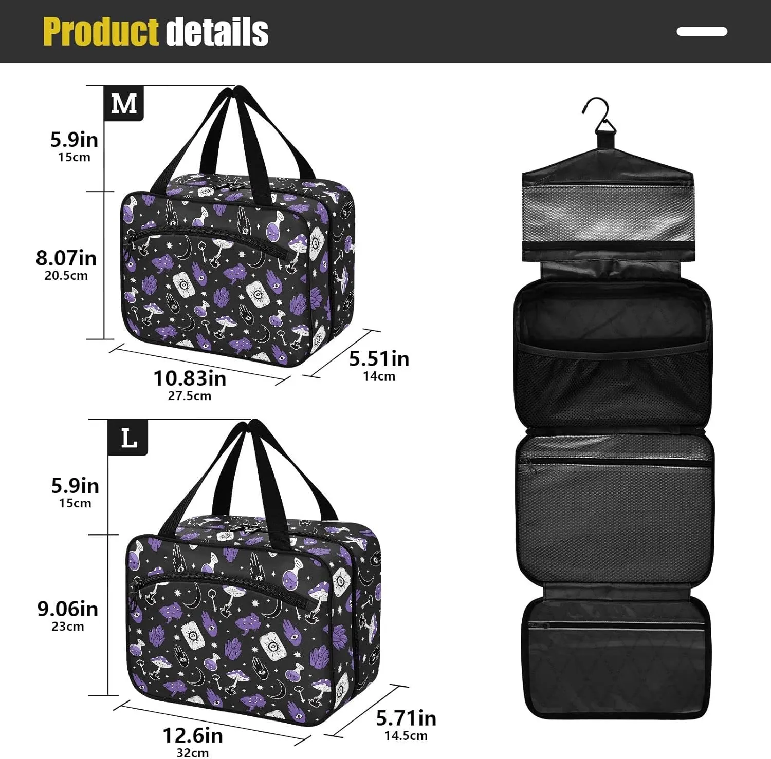 linqin Toiletry Bag for Travel, Frog and Mushroom Magic Evil Eyes Makeup Bag Large Cosmetic Bag Organizer with Hanging Hook for Women Men