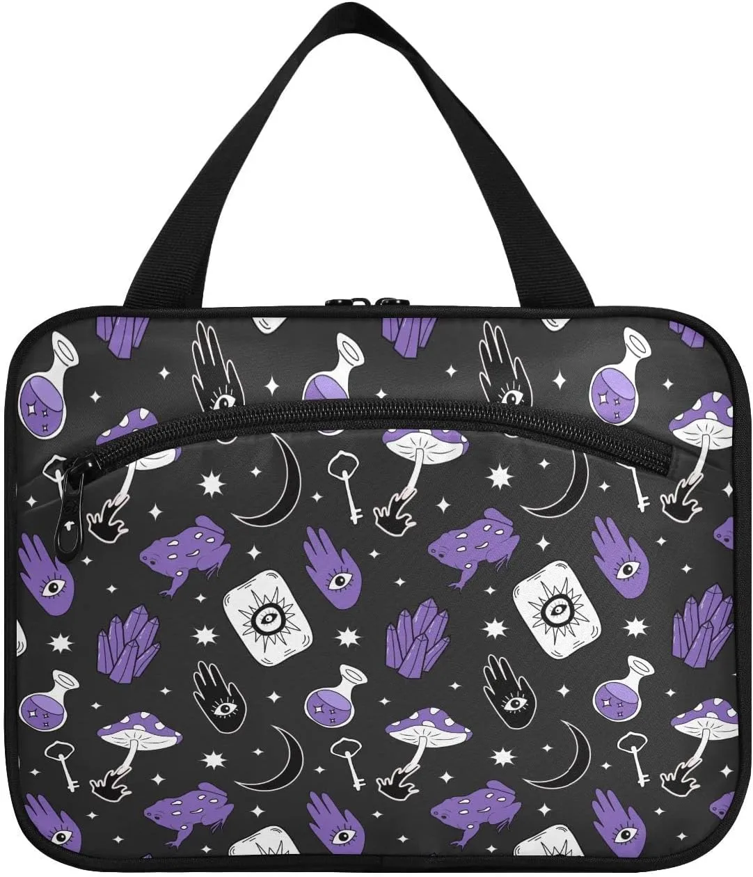 linqin Toiletry Bag for Travel, Frog and Mushroom Magic Evil Eyes Makeup Bag Large Cosmetic Bag Organizer with Hanging Hook for Women Men