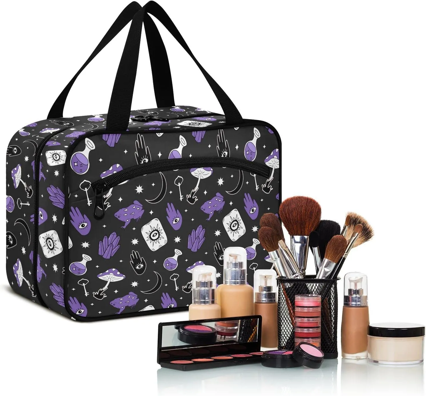 linqin Toiletry Bag for Travel, Frog and Mushroom Magic Evil Eyes Makeup Bag Large Cosmetic Bag Organizer with Hanging Hook for Women Men