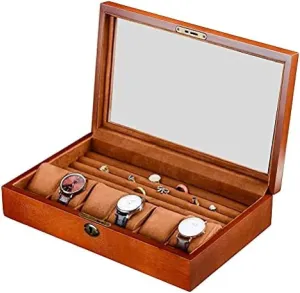 Lockable Jewellery Watches Storage Box, Wooden Jewellery Organiser for Earrings Bracelets Necklaces Jewellery Case for Women Men