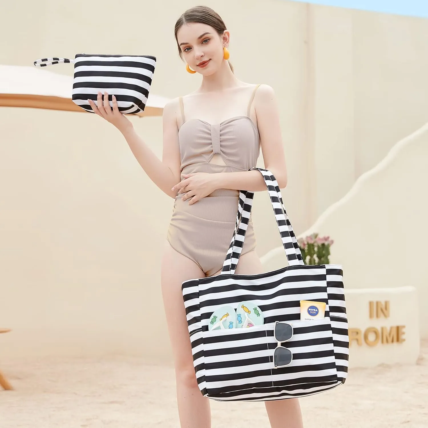 LOIDOU Large Tote Beach Bag Waterproof Sandproof Beach Pool bag with Zipper & Wet Pockets Shoulder Bag Travel Teacher Grocery