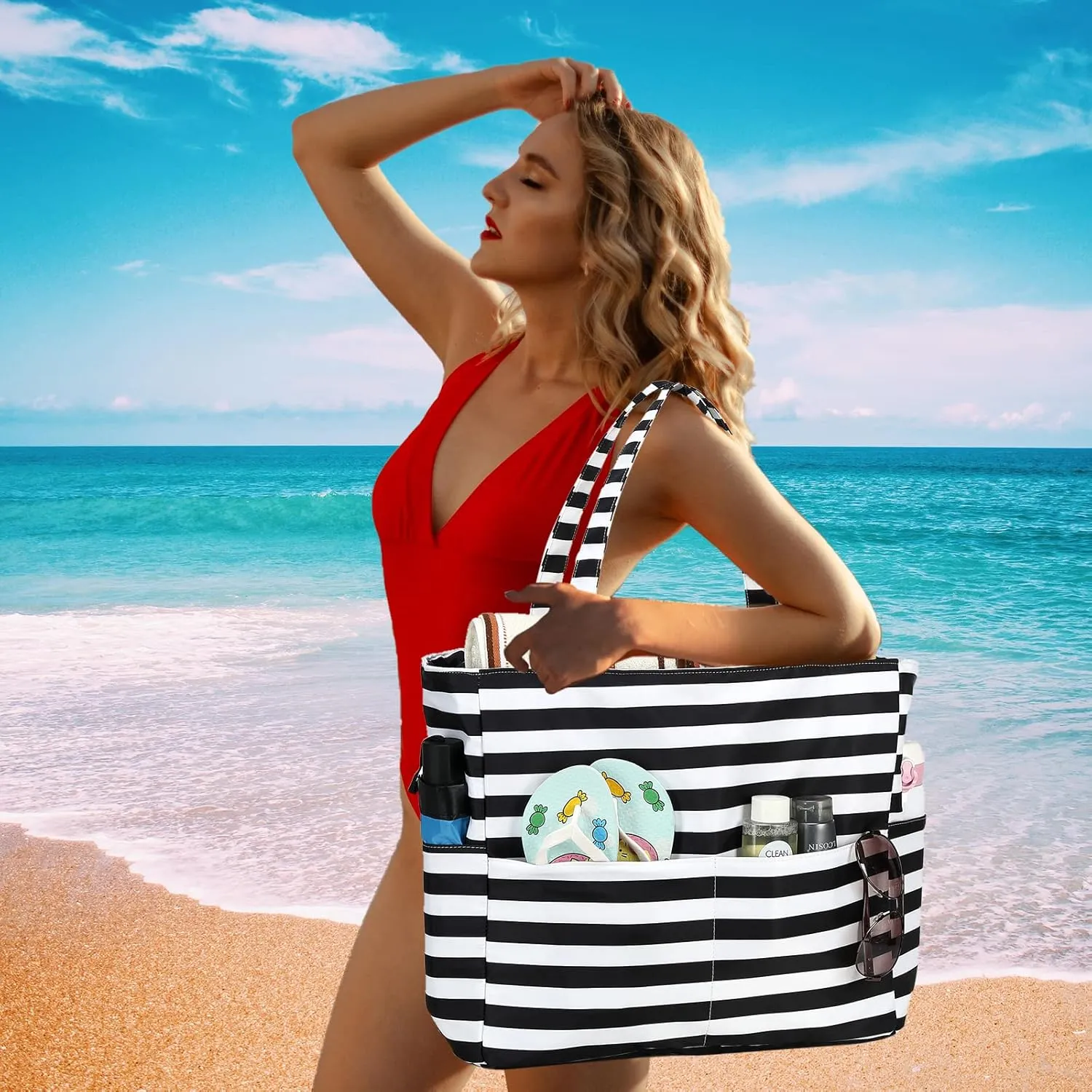 LOIDOU Large Tote Beach Bag Waterproof Sandproof Beach Pool bag with Zipper & Wet Pockets Shoulder Bag Travel Teacher Grocery
