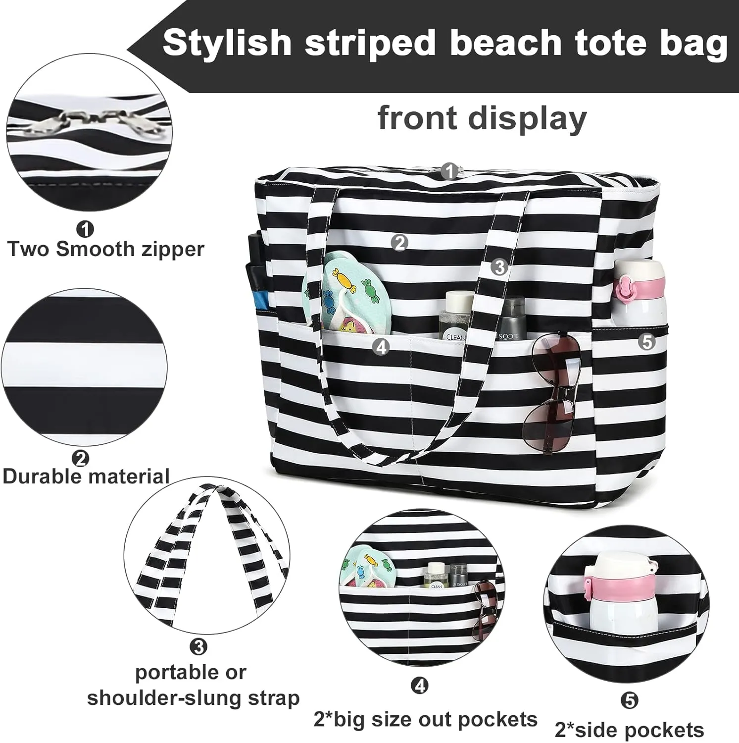 LOIDOU Large Tote Beach Bag Waterproof Sandproof Beach Pool bag with Zipper & Wet Pockets Shoulder Bag Travel Teacher Grocery