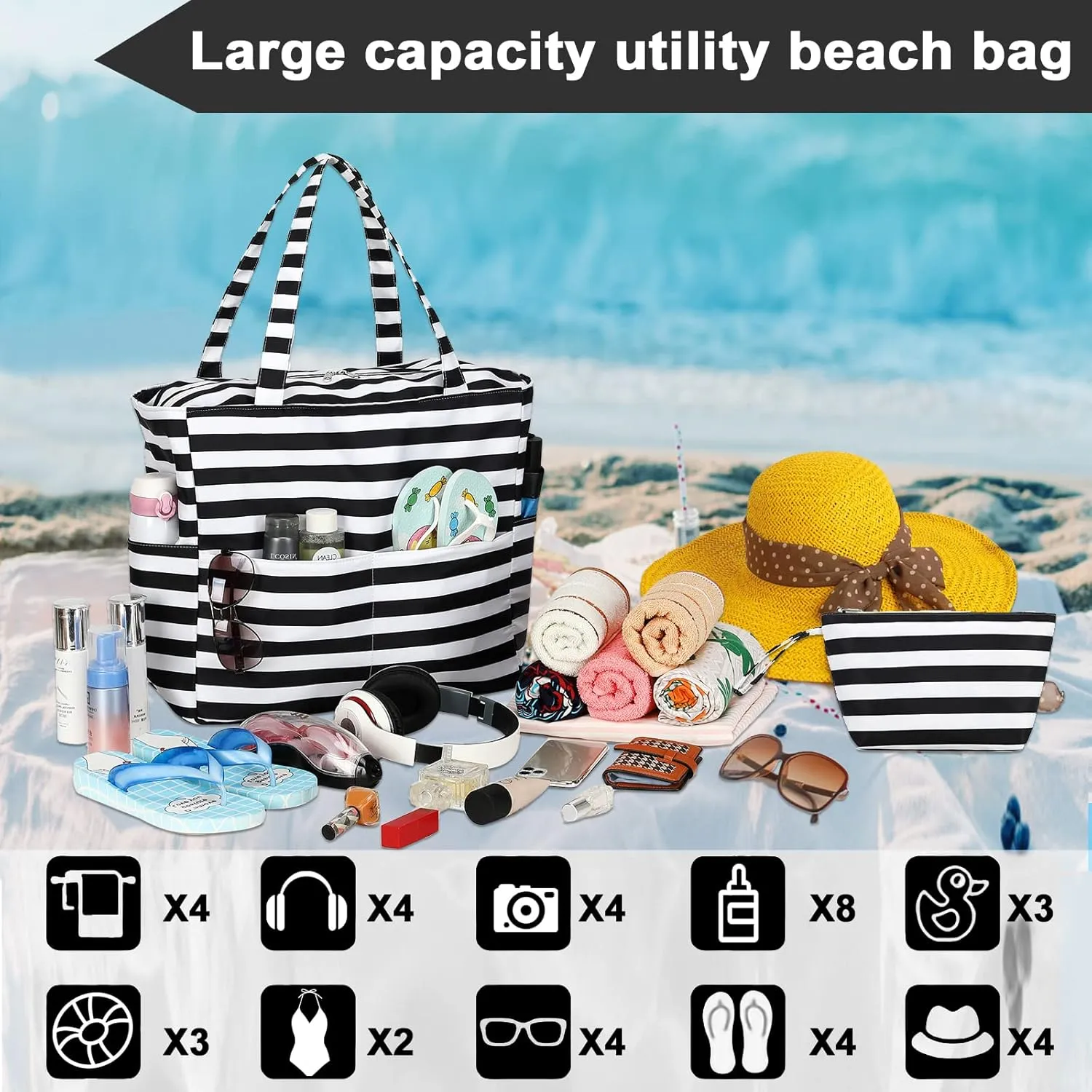 LOIDOU Large Tote Beach Bag Waterproof Sandproof Beach Pool bag with Zipper & Wet Pockets Shoulder Bag Travel Teacher Grocery