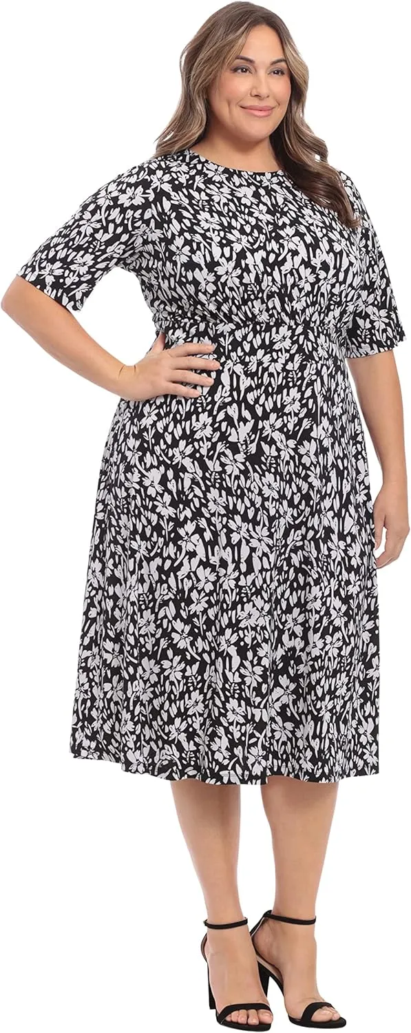 London Times Women's Inset Waist Midi Short Sleeve