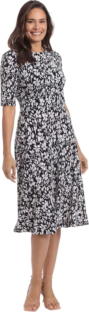 London Times Women's Inset Waist Midi Short Sleeve