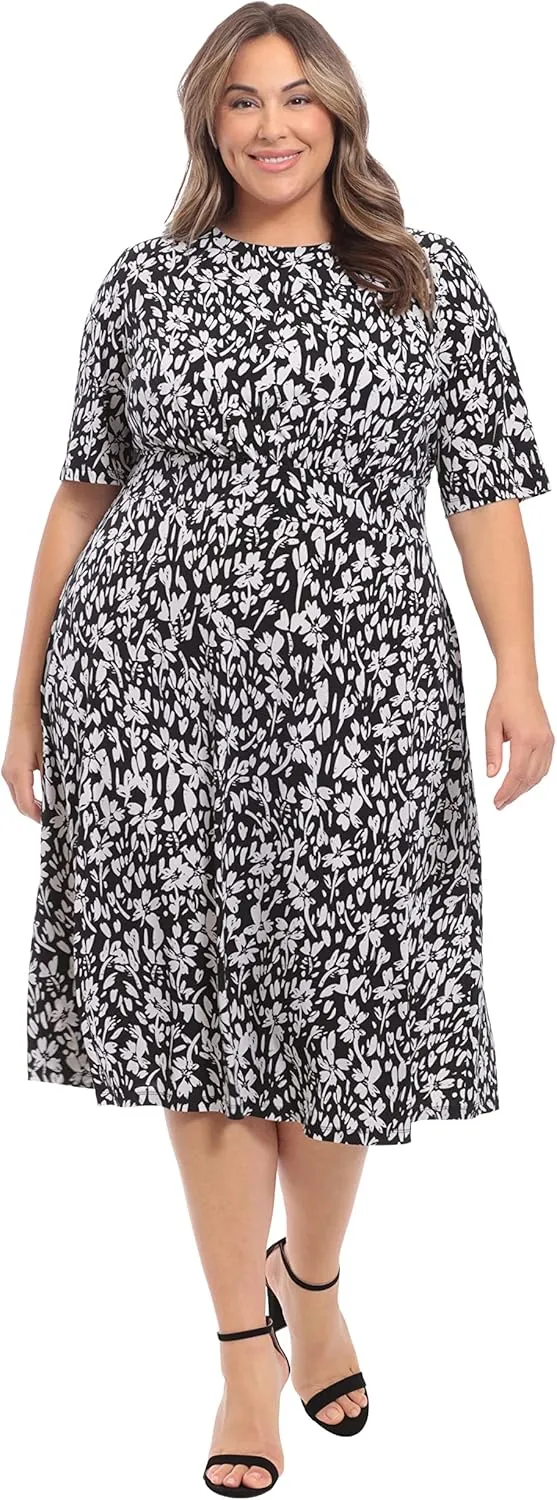London Times Women's Inset Waist Midi Short Sleeve