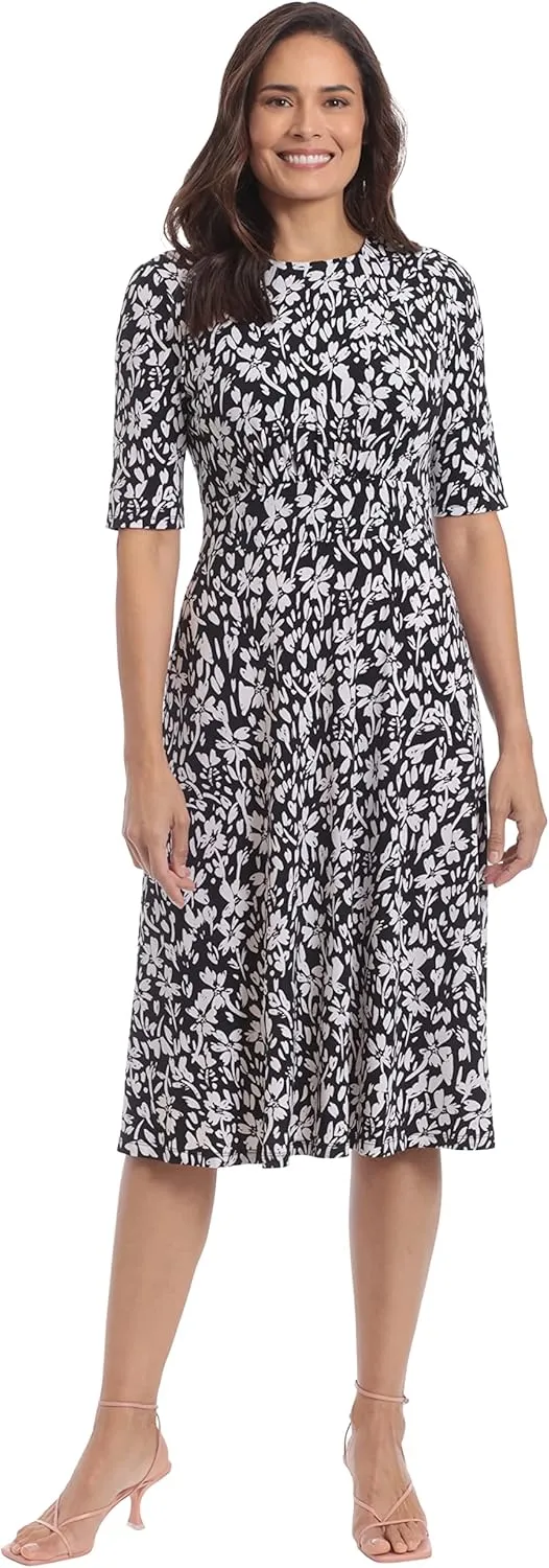 London Times Women's Inset Waist Midi Short Sleeve