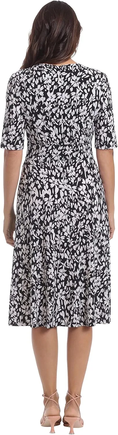 London Times Women's Inset Waist Midi Short Sleeve