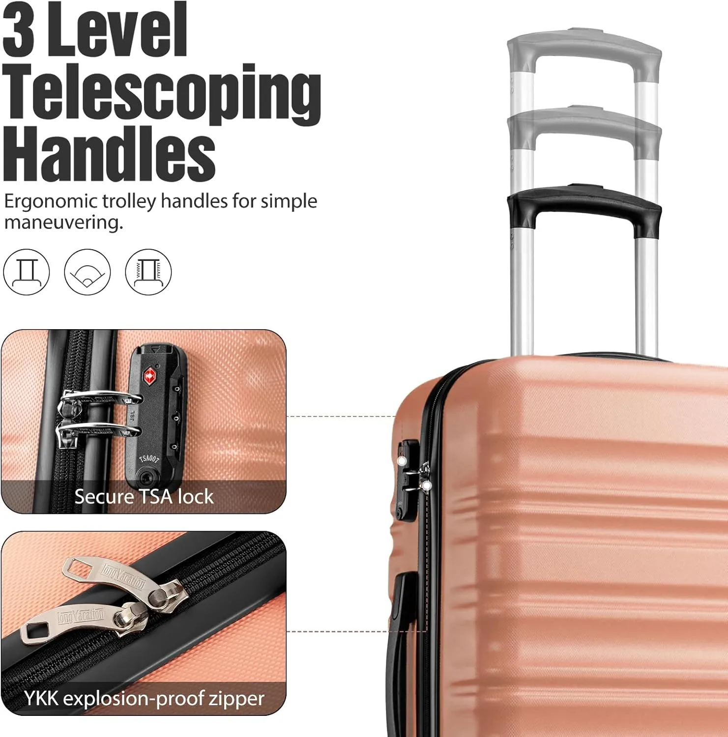 LONG VACATION 3 Piece Luggage Set 20 IN Carry on Suitcase ABS PC Handshell Luggage with Spinner Wheels & YKK Zipper TSA Lock (PINK, 20-Inch)