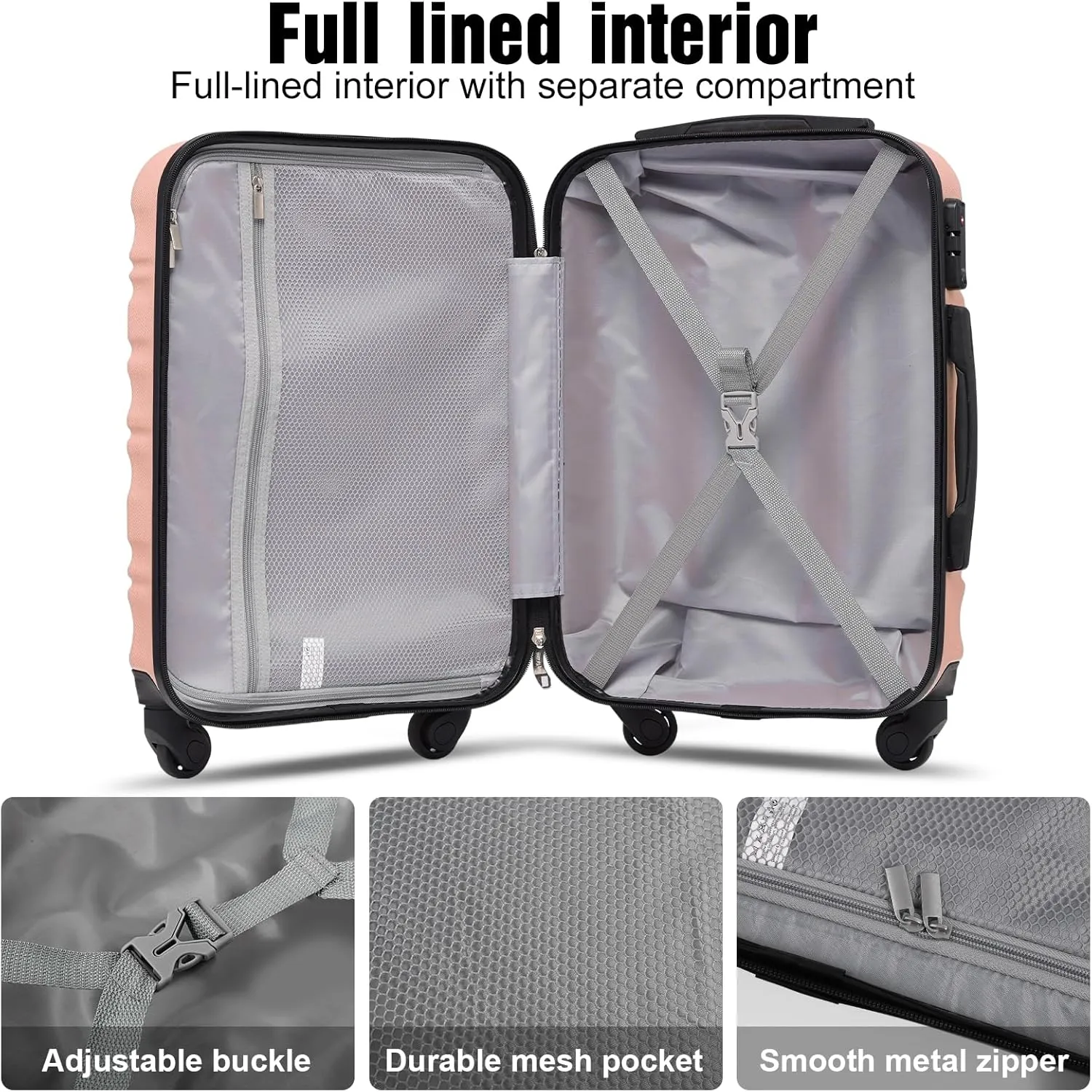 LONG VACATION 3 Piece Luggage Set 20 IN Carry on Suitcase ABS PC Handshell Luggage with Spinner Wheels & YKK Zipper TSA Lock (PINK, 20-Inch)