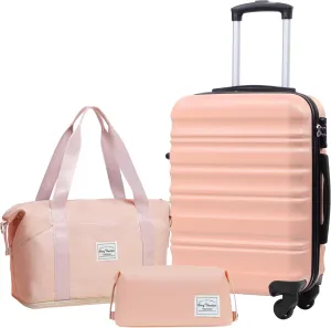 LONG VACATION 3 Piece Luggage Set 20 IN Carry on Suitcase ABS PC Handshell Luggage with Spinner Wheels & YKK Zipper TSA Lock (PINK, 20-Inch)