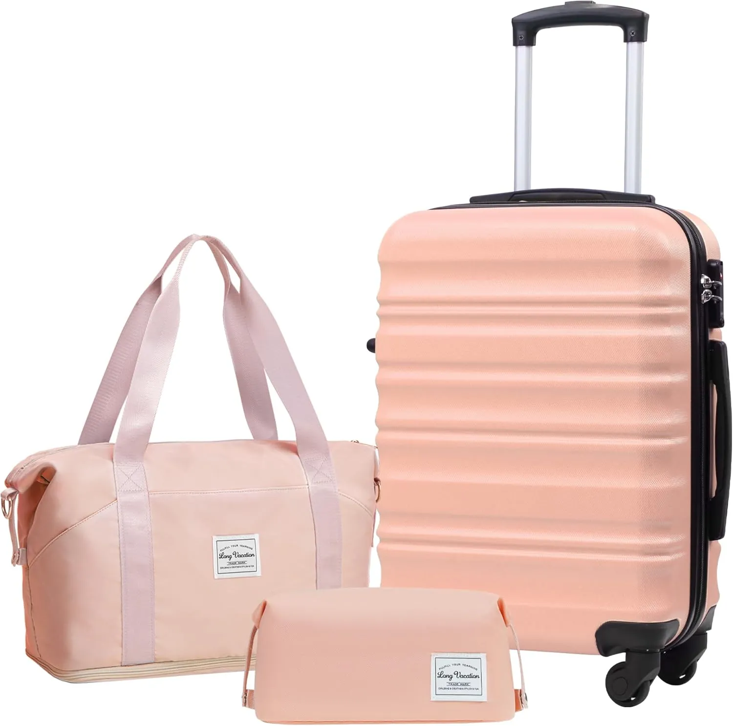 LONG VACATION 3 Piece Luggage Set 20 IN Carry on Suitcase ABS PC Handshell Luggage with Spinner Wheels & YKK Zipper TSA Lock (PINK, 20-Inch)