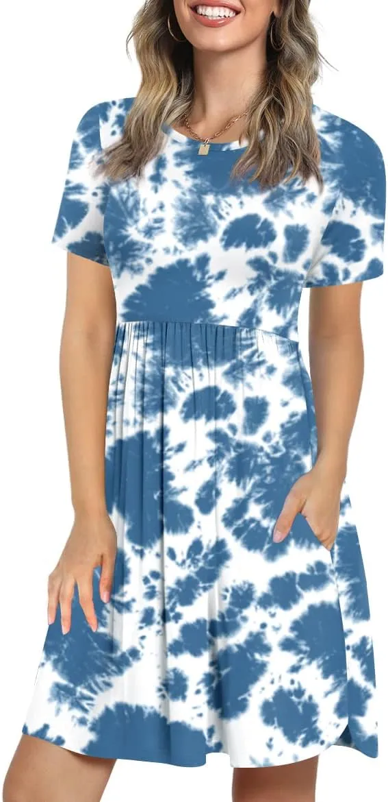 LONGYUAN Women's Casual Dresses 2025 Summer Short Sleeve Dress Hide Belly Loose Fit Sundress with Pockets S-3XL